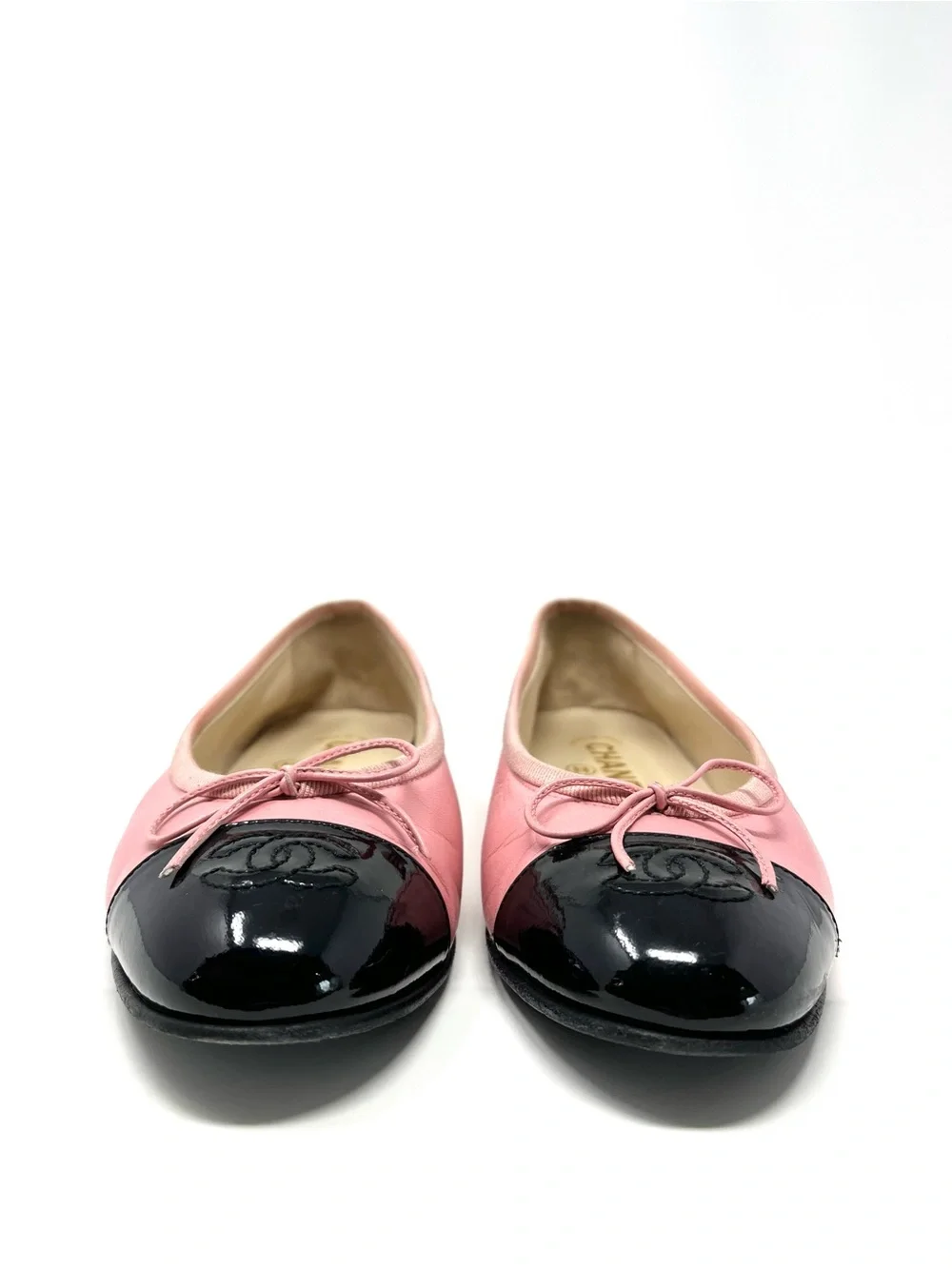 Chanel Pink Leather Black Cap Toe Two Tone CC Logo Bow Ballet Flats Shoes 36.5